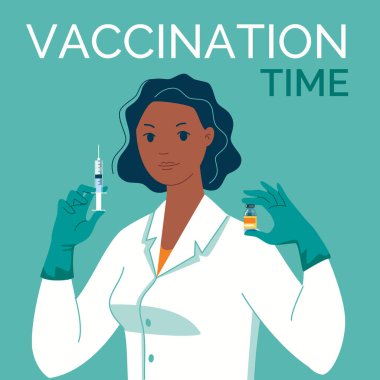 Elinde şırınga ve aşı olan lateks eldivenli bir doktor. Aşı zamanı. Vektör. İllüzyon. Düz. Çizgi film