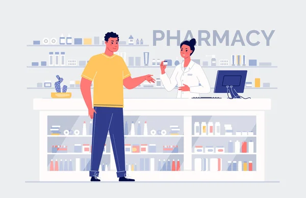 Personagens Dos Desenhos Animados Farmacêutico Cliente Balcão Com Medicamentos Conceito —  Vetores de Stock