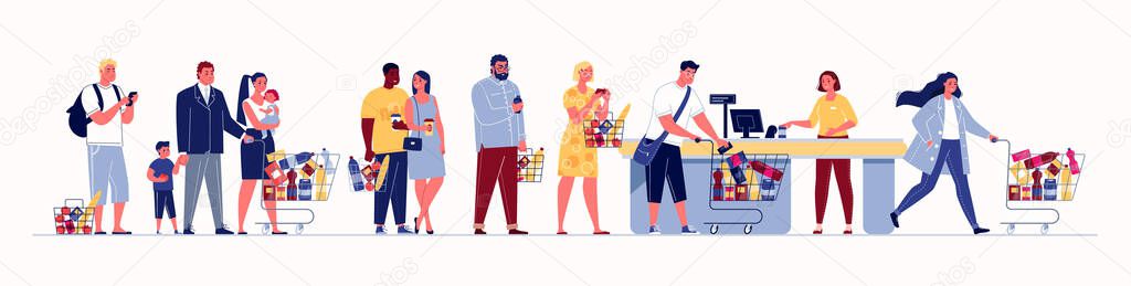 Customers line up at the supermarket checkout. Couples, families, students, businessmen, all kinds of people shop. Colored vector illustration in flat cartoon style.