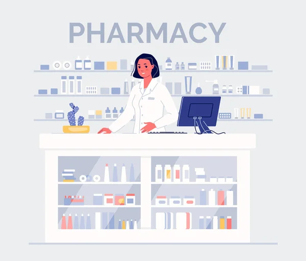 Mujer Farmacéutica Amistosa Mostrador Con Medicamentos Concepto Farmacia Ilustración Vectores — Vector de stock