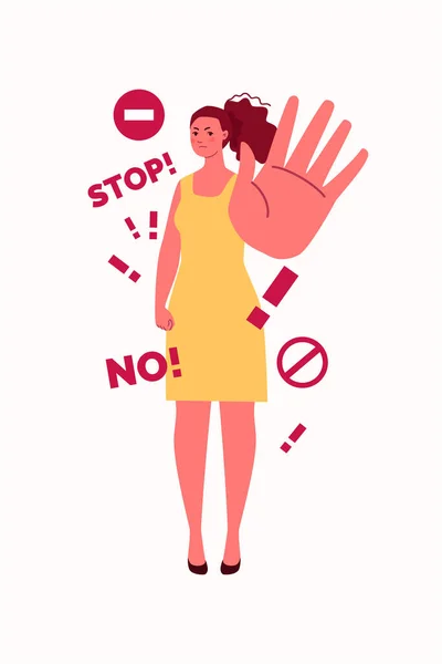 Confident Woman Says Firmly Hand Gesture Stop Concept Personal Boundaries — Stock Vector