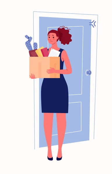 レイオフ 雇用削減の概念 若い悲しい女性は彼女の手に物事の箱を保持しています 平面漫画風のベクトルイラスト — ストックベクタ
