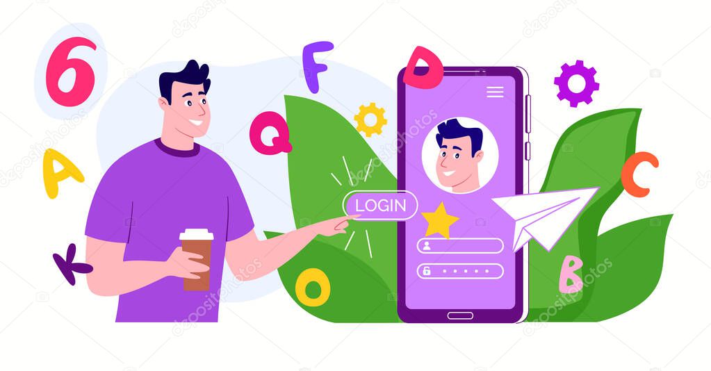 Internet of Things. Young Male Character, Creates or Logs Into His Customer Profile Account in a Mobile Application on a Smartphone, Generation z Lifestyle. Vector Illustration in Flat Cartoon Style.