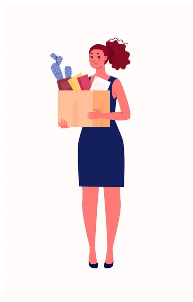 レイオフ 雇用削減の概念 若い悲しい女性は彼女の手に物事の箱を保持しています 平面漫画風のベクトルイラスト — ストックベクタ