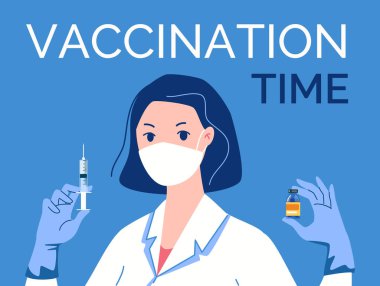 Maskeli doktor, elinde şırınga ve aşı olan lateks eldivenler. Aşı zamanı. Vektör çizimi. Çizgi film. Düz.