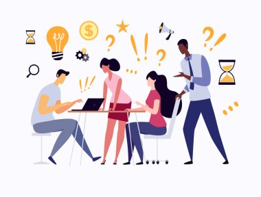 İş zekası, ortaklık, işbirliği, takım oluşturma kavramı. Yaratıcı, soyut düşünce. Beyin fırtınası, fikirler, başlangıç, proje yönetimi, ürün geliştirme. Vektör illüstrasyonu.