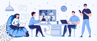 Vektör illüstrasyonu çağdaş çalışma alanı. Serbest çalışan insanlar ortak alanda rahat koşullarda çalışırlar. E-öğrenme, online eğitim. Bilgisayarda iş arkadaşlarıyla grup toplantısı. 