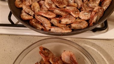 Shrimps fried on a pan