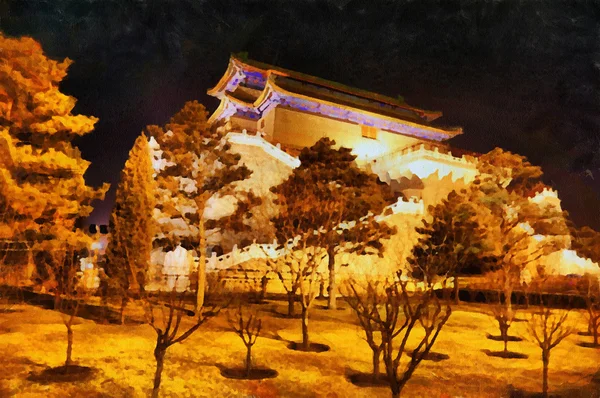 Kinesiskt tempel i höst. Illustration — Stockfoto