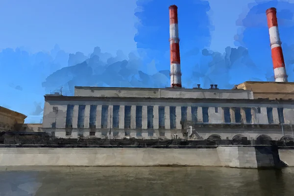 Vista del antiguo edificio de la fábrica en la pared — Foto de stock