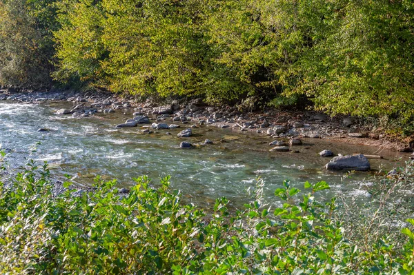 Starker Wasserfluss Eines Gebirgsflusses Der Nähe Eines Felsigen Ufers — Stockfoto