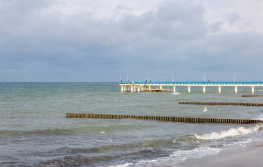 Rusya 'nın Kalininingrad bölgesinde Baltık Denizi suları, ufuk ve bulutlu gökyüzü ile kışın deniz manzarası
