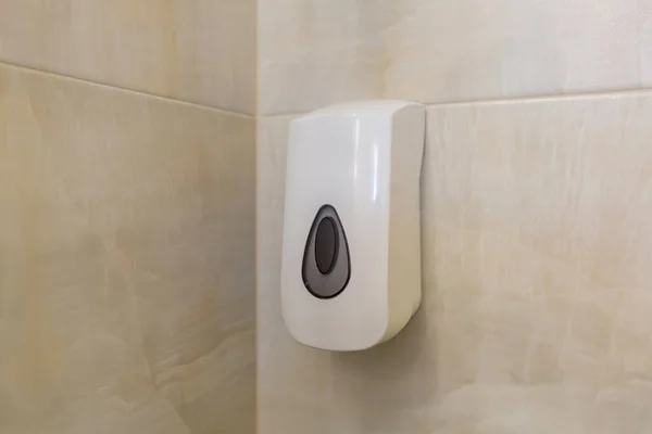 White Plastic Liquid Soap Dispenser Tiled Bathroom Wall — Stock Photo, Image