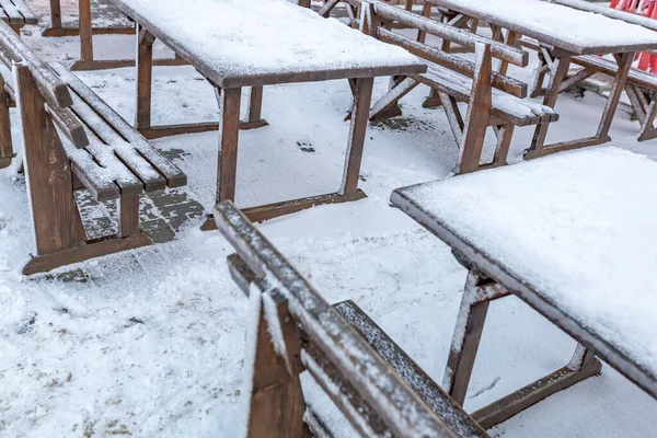 Furnished Outdoor Cafe People Covered Thick Layer Snow — Stock Photo, Image