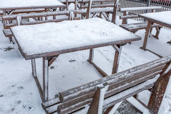 Furnished Outdoor Cafe People Covered Thick Layer Snow — Stock Photo, Image