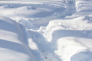 Soğuk kış mevsiminde şehir parkında karla kaplı bir yürüyüş parkında.