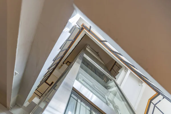 Transparent Glass Elevator Shaft Stone Staircase Old Building — Stock Photo, Image