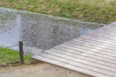 Şehir parkında dar bir dere boyunca rayları olmayan tahtadan yapılmış küçük bir köprü.