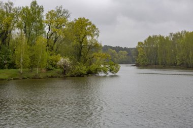 Bulutlu yağmurlu bir havada, bir Mayıs günü nehir manzarası. Moskova nehri, Rusya