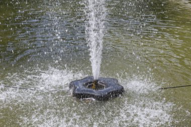 Yazın güneşli bir günde halka açık bir parkta küçük bir çeşme.
