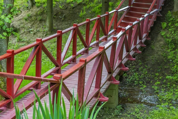 Mały Most Drewnianych Desek Poręczami Przez Wąski Strumień Parku Miejskim — Zdjęcie stockowe