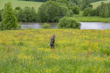Manzaralı yaz çayırı ve yaşlı bir gezgin yolda.