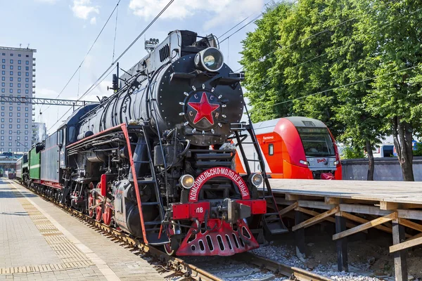 Moscú Rusia Julio 2021 Locomotora Negra Vapor Retro Plataforma Ferroviaria — Foto de Stock
