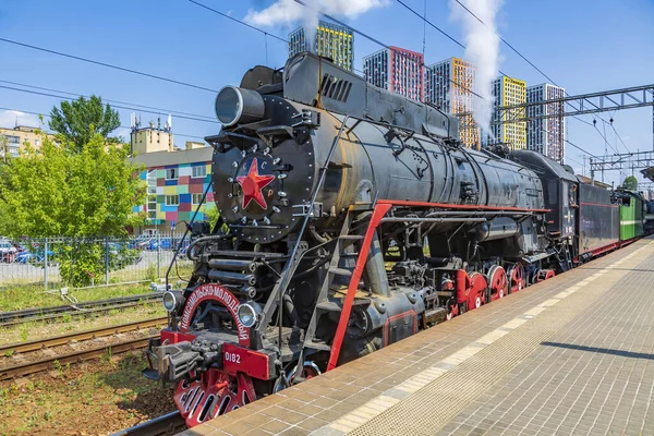 Región Moscú Rusia Julio 2021 Locomotora Negra Vapor Retro Plataforma — Foto de Stock