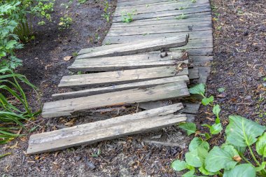 Bahçenin inşası ve geliştirilmesi için kirli tahta yığınları.