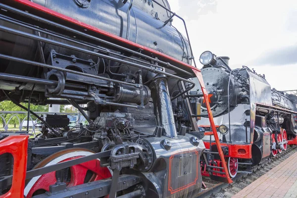 2021年8月14日 俄罗斯莫斯科 罕见的黑色复古蒸汽机车 Rizhskaya站Rzd铁路车辆展区 — 图库照片