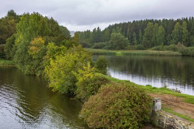 Sonbaharın başlarında yeşil ağaçlı manzaralı nehir manzarası