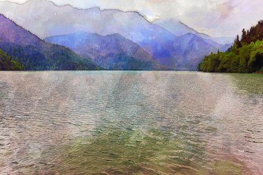 Bir dağ gölü resmini boyalı