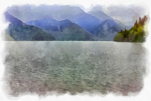 Schilderde een beeld van een bergmeer — Stockfoto