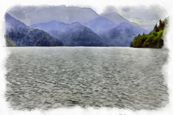 Pintado um quadro de um lago de montanha — Fotografia de Stock