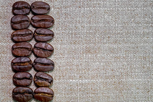 Beautiful Flat Grains Black Coffee Background Coarse Linen Cloth — Stock Photo, Image