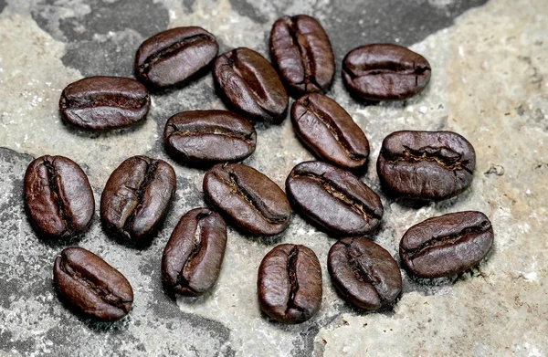 Black Coffee Grains Stone Background Close — Stock Photo, Image
