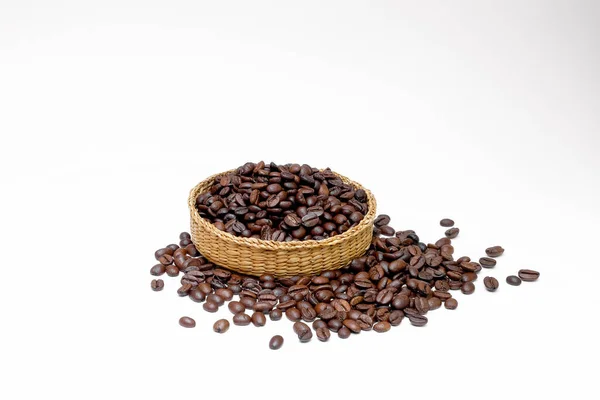 Black Coffee Grains Handmade Beautiful Wicker Basket Scattered White Background — Stock Photo, Image