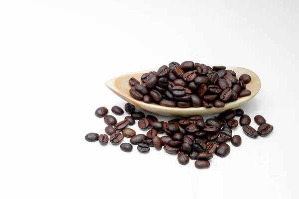 Black Coffee Grains Beautiful Handmade Wooden Cup Scattered White Background — Stock Photo, Image