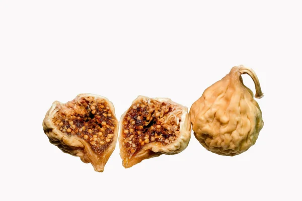 Two Halves Whole Dried Figs White Background Photographed Macro Photography — Stock Photo, Image