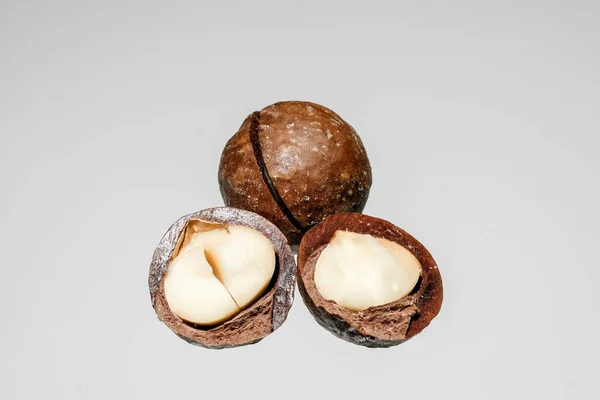 Whole Hazelnut Nut Two Halves Peel Light Gray Background Photographed — Stock Photo, Image