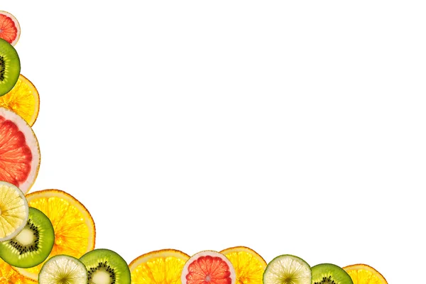 Vegyes szeletelt gyümölcs elszigetelt fehér háttér vissza világított, mint — Stock Fotó