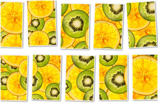 Kiwi oranges mix colorful sliced fruits  background collage — Stock Photo, Image
