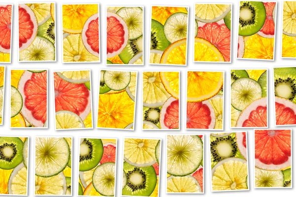 Mogen frukt kollage gjorda av skivor av blandad frukt — Stockfoto