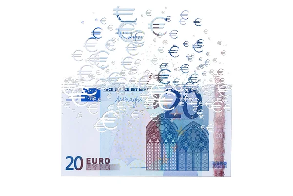20 banconote in euro che si dissolvono come concetto di crisi economica — Foto Stock