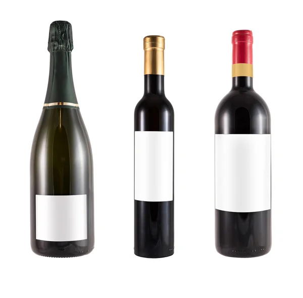 Three bottles of red wine made of green glass and blank label — Stock Photo, Image