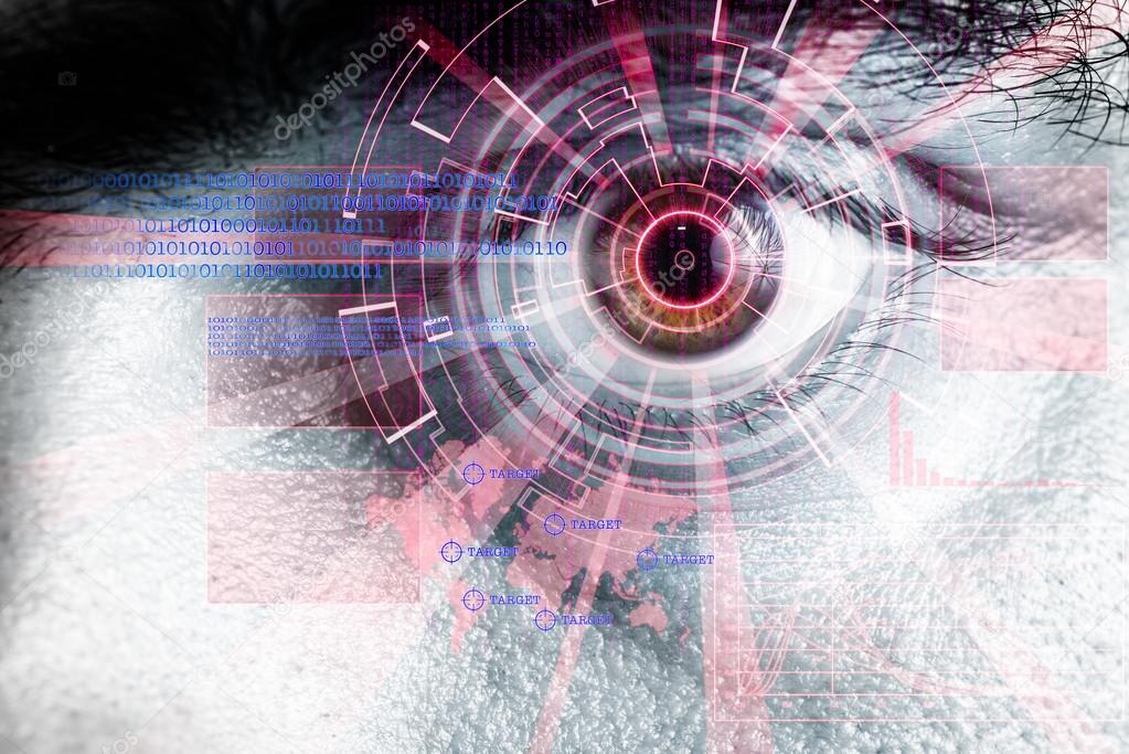 rendering of a futuristic cyber eye with laser light effect