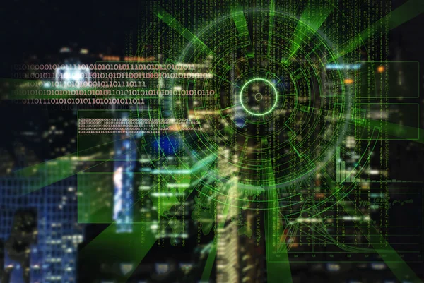 Alvo laser cibernético em uma cidade noturna desfocado fundo — Fotografia de Stock