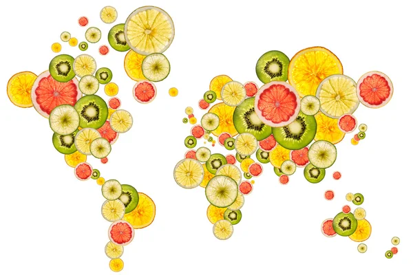 Världskarta med skivor av färsk frukt Stockfoto