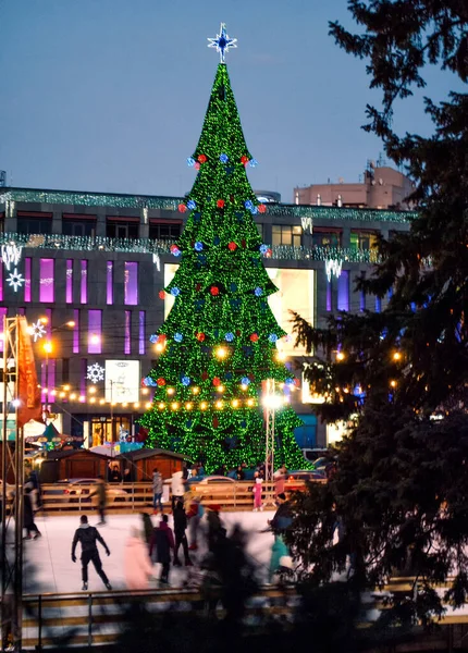 A large Christmas tree at the square decorated with bright glowing lights next to the ice rink.