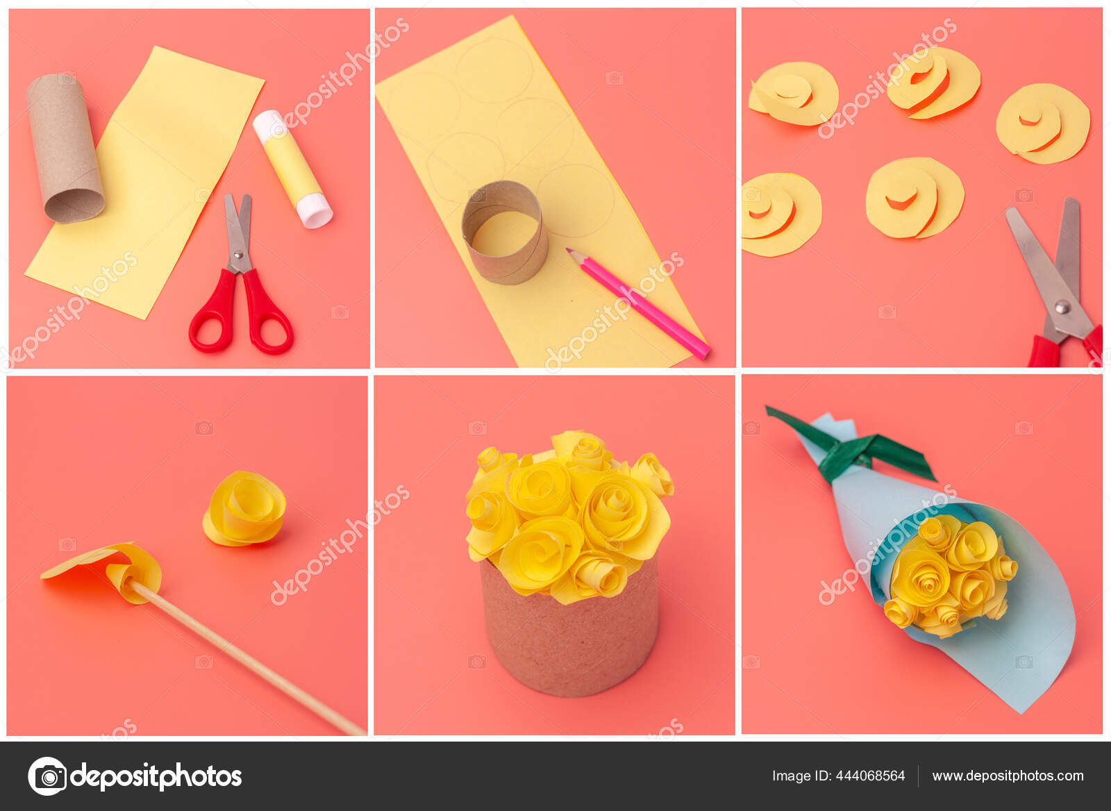 종이 꽃으로 부케 트를 만드는 방법, 아이들이 쉽게 할 수있는 활동 — 스톡 사진 © abrosimovae #444068564, image size:1600x1168